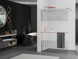 Mexen Kioto+ Duschwand mit Ablage Walk-in 130 x 200 cm, transparent/Mattglas, gebürstetes Kupfer - 800-130-121-65-35