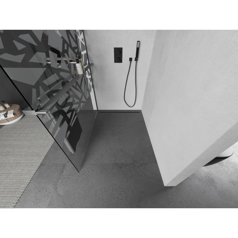 Mexen Kioto+ Duschwand mit Regal Walk-in 140 x 200 cm, weißes Muster, gebürstet grau-schwarz - 800-140-121-66-85