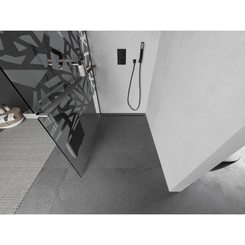 Mexen Kioto+ Duschwand mit Regal Walk-in 140 x 200 cm, weißes Muster, Gun Metal - 800-140-121-95-85