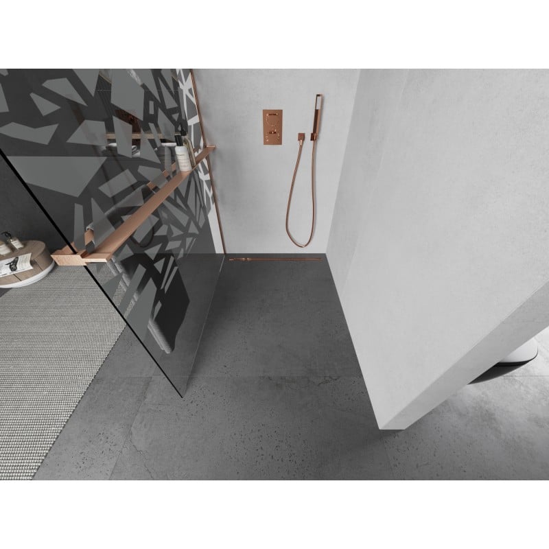 Mexen Kioto+ Duschwand mit Regal Walk-in 100 x 200 cm, weißes Muster, gebürstetes Kupfer - 800-100-121-65-85