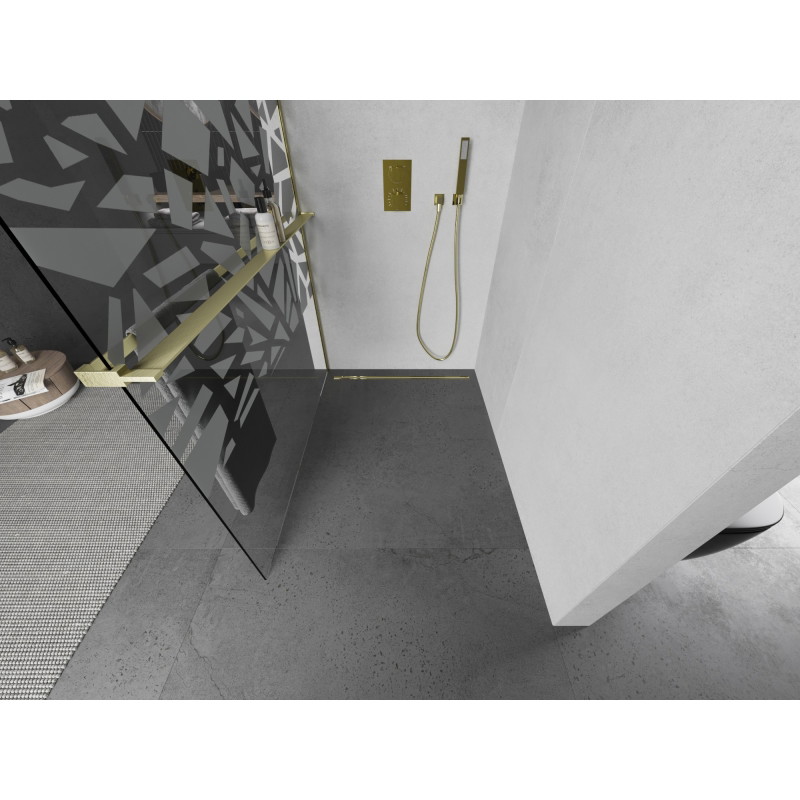 Mexen Kioto+ Duschwand mit Regal Walk-in 70 x 200 cm, weißes Muster, gebürstetes Gold - 800-070-121-55-85