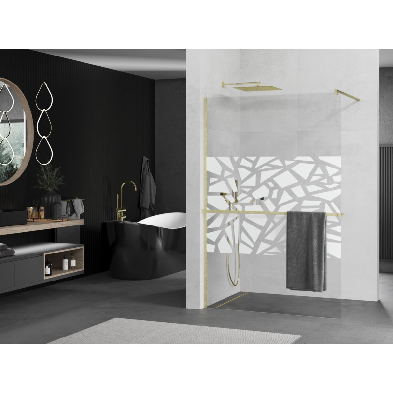 Mexen Kioto+ Duschwand mit Regal Walk-in 90 x 200 cm, weißes Muster, gebürstetes Gold - 800-090-121-55-85