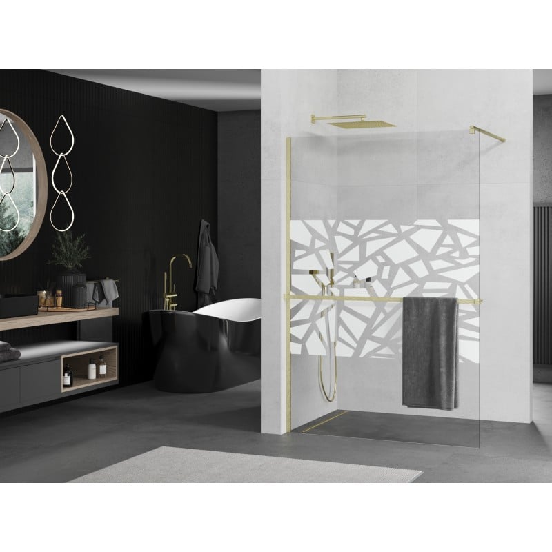 Mexen Kioto+ Duschwand mit Regal Walk-in 130 x 200 cm, weißes Muster, gebürstetes Gold - 800-130-121-55-85