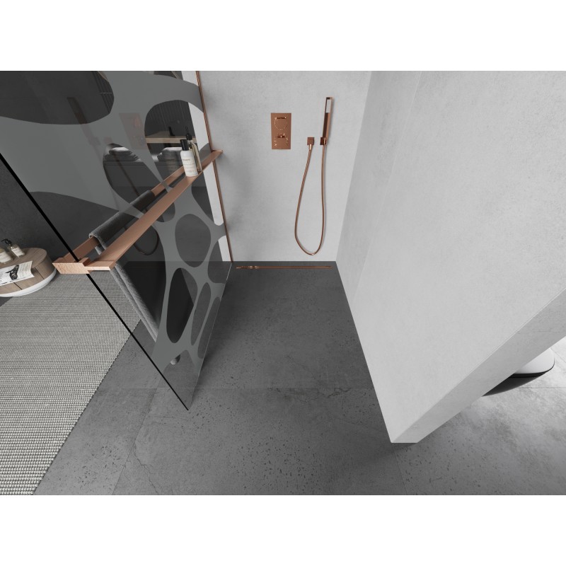 Mexen Kioto+ Duschwand mit Regal Walk-in 130 x 200 cm, weiße Welle, gebürstetes Kupfer - 800-130-121-65-97
