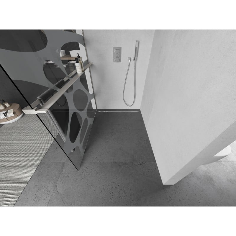 Mexen Kioto+ Duschwand mit Ablage Walk-in 140 x 200 cm, weiße Welle, gebürsteter Nickel - 800-140-121-97-97