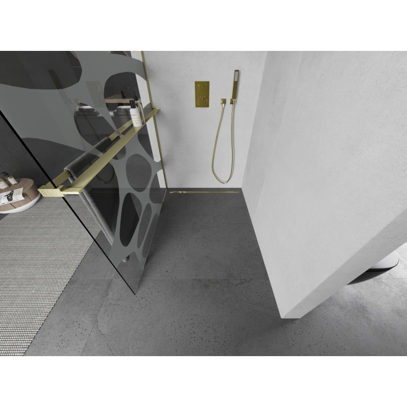 Mexen Kioto+ Duschwand mit Regal Walk-in 100 x 200 cm, weiße Welle, gold gebürstet - 800-100-121-55-97