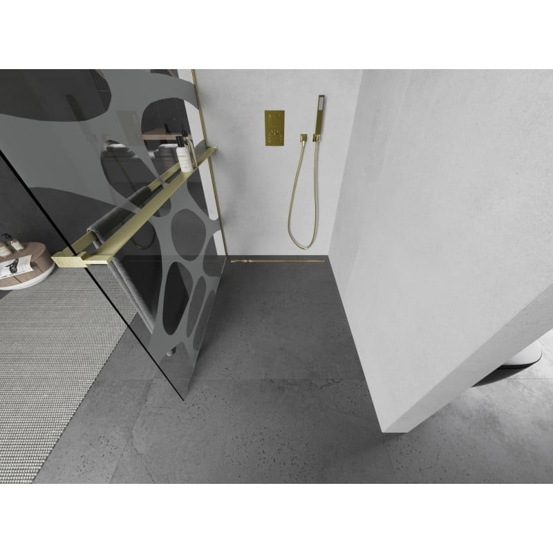 Mexen Kioto+ Duschwand mit Ablage Walk-in 110 x 200 cm, weiße Welle, gebürstetes Gold - 800-110-121-55-97