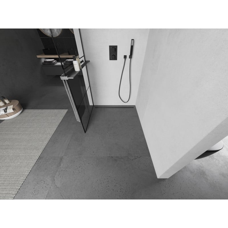 Mexen Kioto+ Duschwand mit Regal Walk-in 80 x 200 cm, schwarzes Gitter, gebürstetes Gun Gray - 800-080-121-66-77