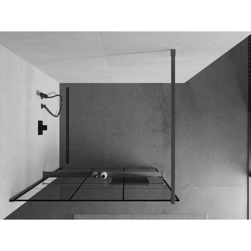 Mexen Kioto+ Duschwand mit Ablage Walk-in 120 x 200 cm, schwarzes Gitter, Gun Gray gebürstet - 800-120-121-66-77