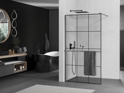 Mexen Kioto+ Duschwand mit Ablage Walk-in 120 x 200 cm, schwarzes Gitter, Gun Gray gebürstet - 800-120-121-66-77