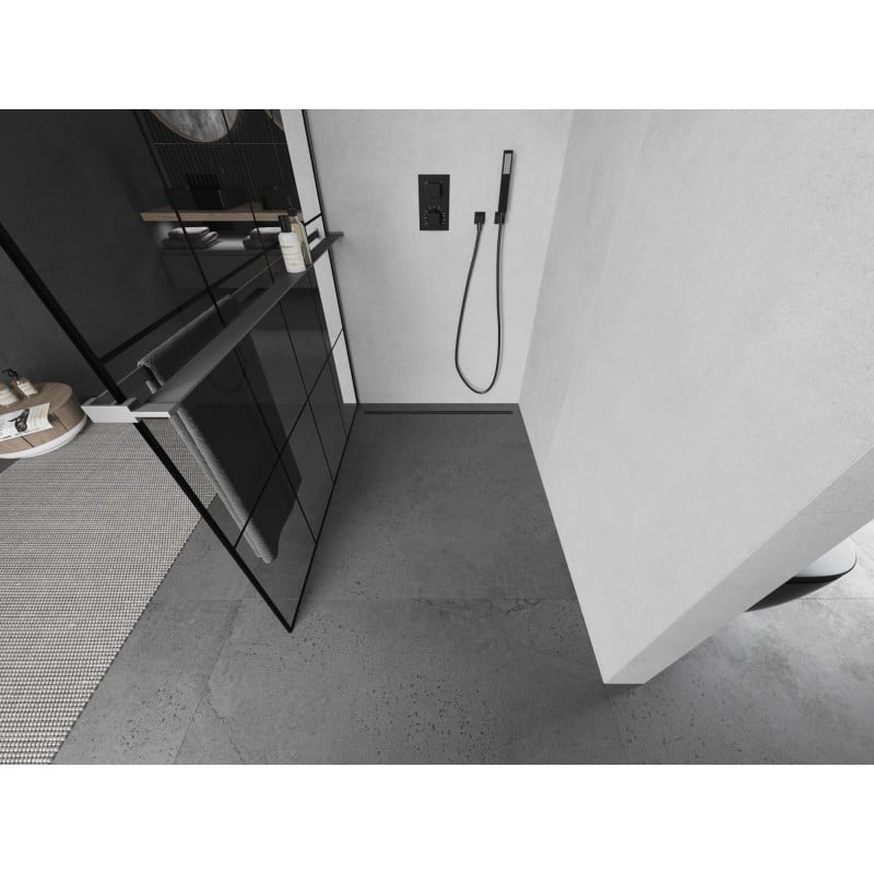 Mexen Kioto+ Duschwand mit Regal Walk-in 140 x 200 cm, schwarzes Gitter, Gun Metal - 800-140-121-95-77