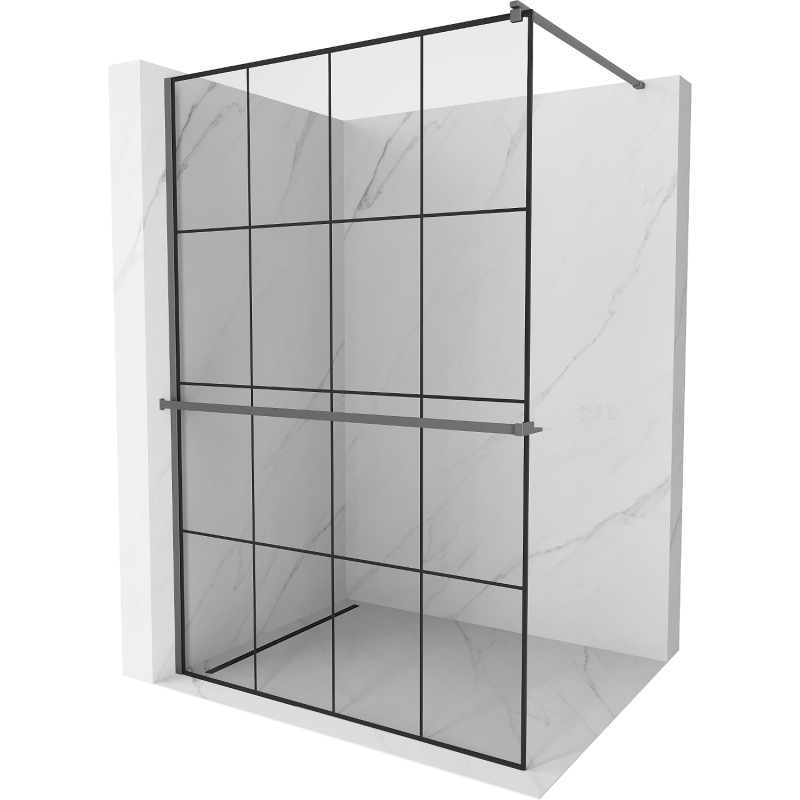 Mexen Kioto+ Duschwand mit Ablage Walk-in 130 x 200 cm, schwarzes Gitter, Gun Metal - 800-130-121-95-77