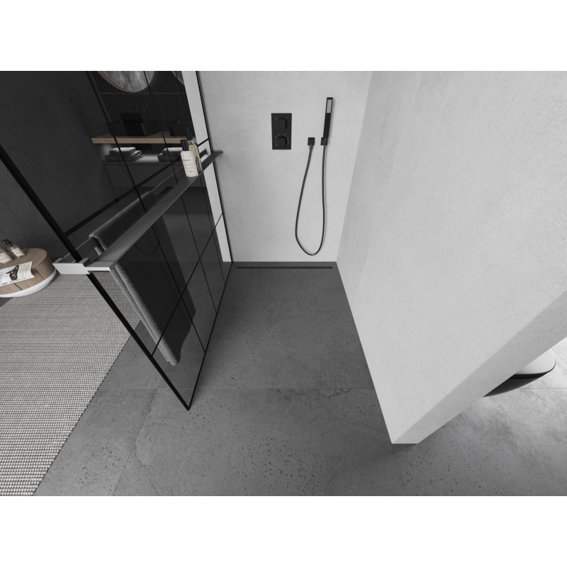Mexen Kioto+ Duschwand mit Ablage Walk-in 130 x 200 cm, schwarzes Gitter, Gun Metal - 800-130-121-95-77