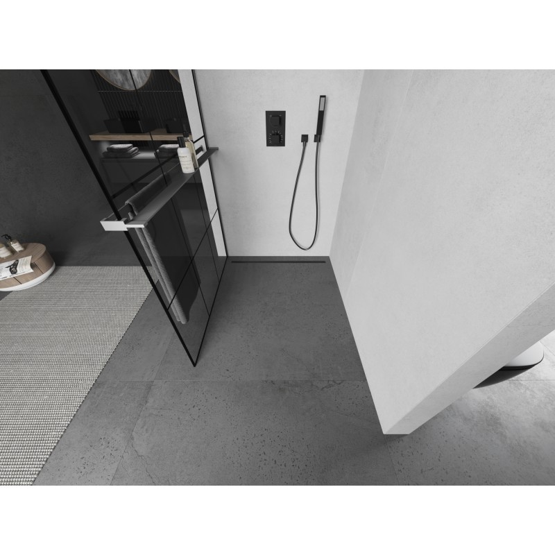 Mexen Kioto+ Duschwand mit Ablage Walk-In 100 x 200 cm, schwarzes Gitter, Gun Metal - 800-100-121-95-77