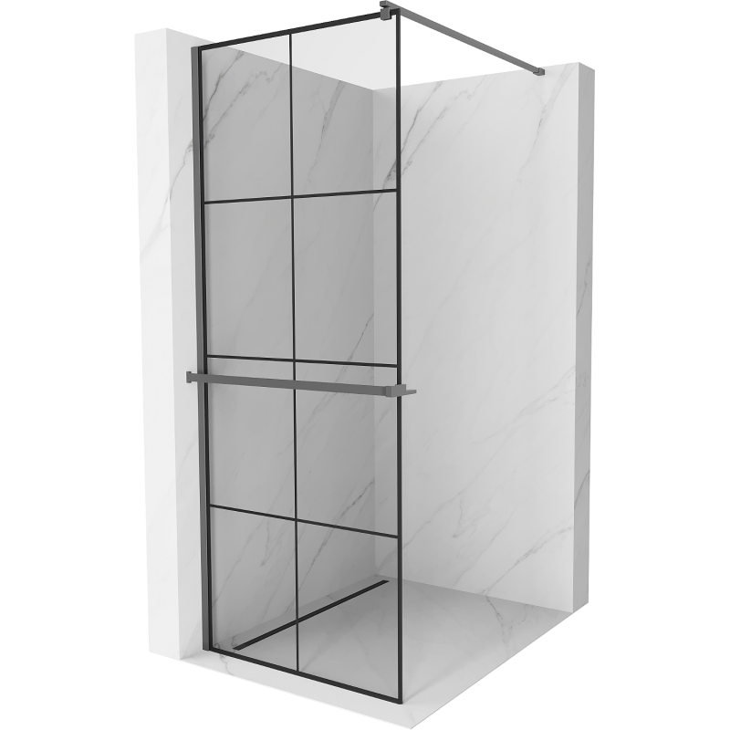 Mexen Kioto+ Duschwand mit Regal Walk-in 90 x 200 cm, schwarzes Gitter, Gun Metal - 800-090-121-95-77