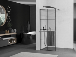 Mexen Kioto+ Duschwand mit Ablage Walk-in 80 x 200 cm, schwarzes Gitter, Gun Metal - 800-080-121-95-77