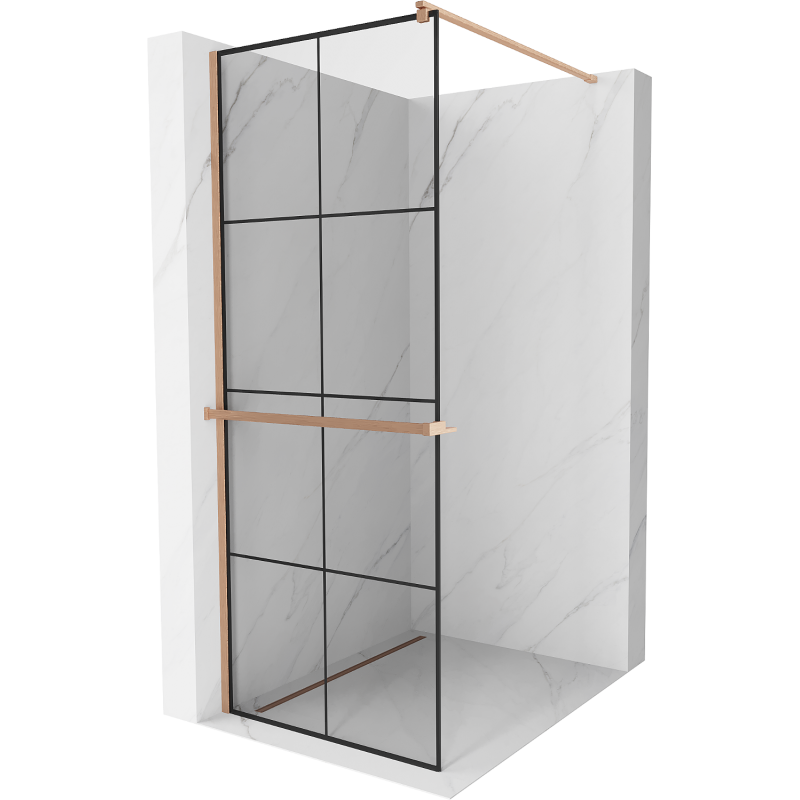 Mexen Kioto+ Duschwand mit Ablage Walk-in 70 x 200 cm, schwarzes Gitter, gebürstetes Kupfer - 800-070-121-65-77