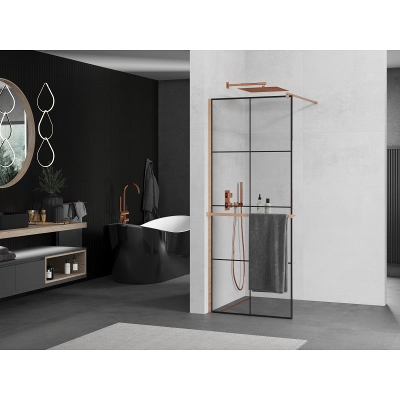 Mexen Kioto+ Duschwand mit Ablage Walk-in 70 x 200 cm, schwarzes Gitter, gebürstetes Kupfer - 800-070-121-65-77