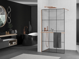 Mexen Kioto+ Duschwand mit Regal Walk-in 120 x 200 cm, schwarzes Gitter, gebürstetes Kupfer - 800-120-121-65-77