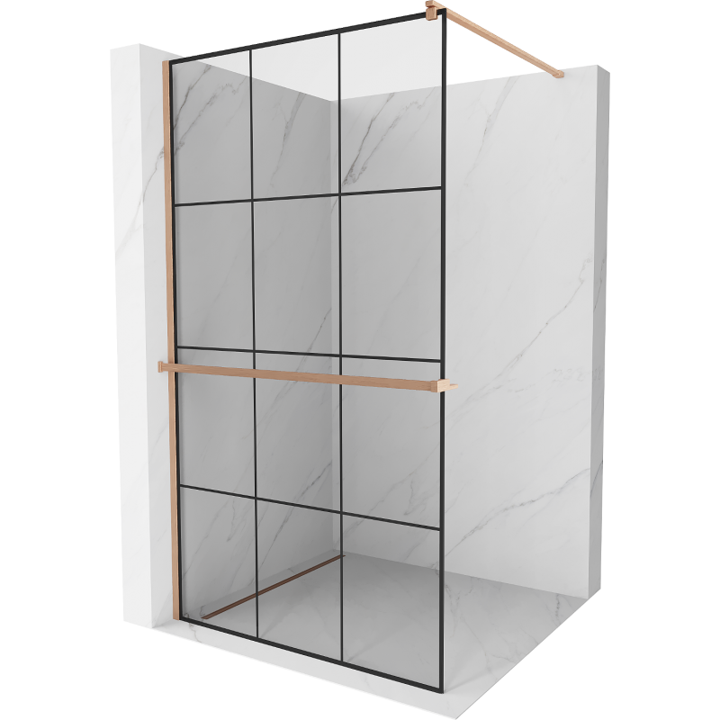 Mexen Kioto+ Duschwand mit Regal Walk-in 120 x 200 cm, schwarzes Gitter, gebürstetes Kupfer - 800-120-121-65-77