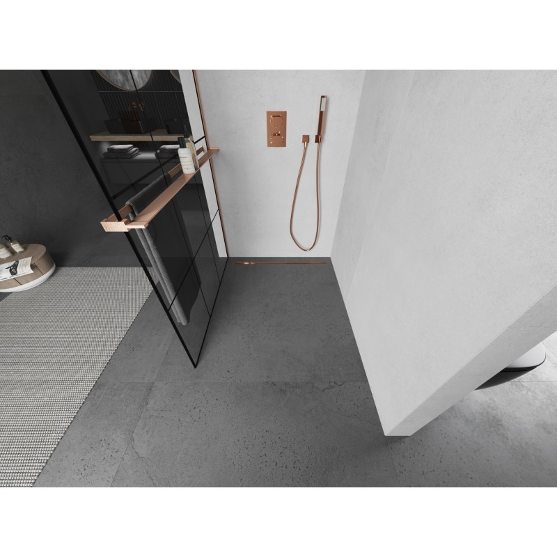 Mexen Kioto+ Duschwand mit Ablage Walk-in 110 x 200 cm, schwarzes Gitter, gebürstetes Kupfer - 800-110-121-65-77