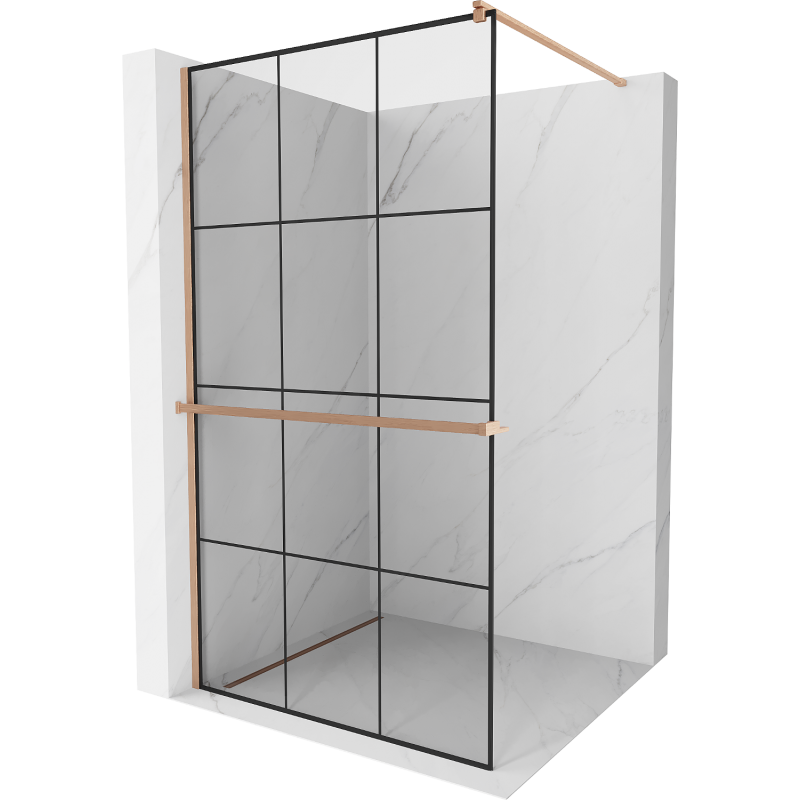 Mexen Kioto+ Duschwand mit Ablage Walk-in 100 x 200 cm, schwarzes Gitter, gebürstetes Kupfer - 800-100-121-65-77