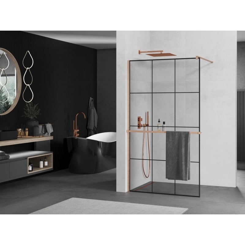 Mexen Kioto+ Duschwand mit Ablage Walk-in 100 x 200 cm, schwarzes Gitter, gebürstetes Kupfer - 800-100-121-65-77
