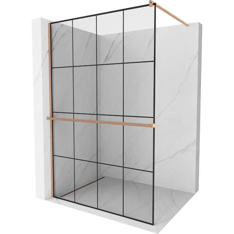 Mexen Kioto+ Duschrückwand mit Regal Walk-in 130 x 200 cm, schwarzes Karomuster, gebürstetes Kupfer - 800-130-121-65-77