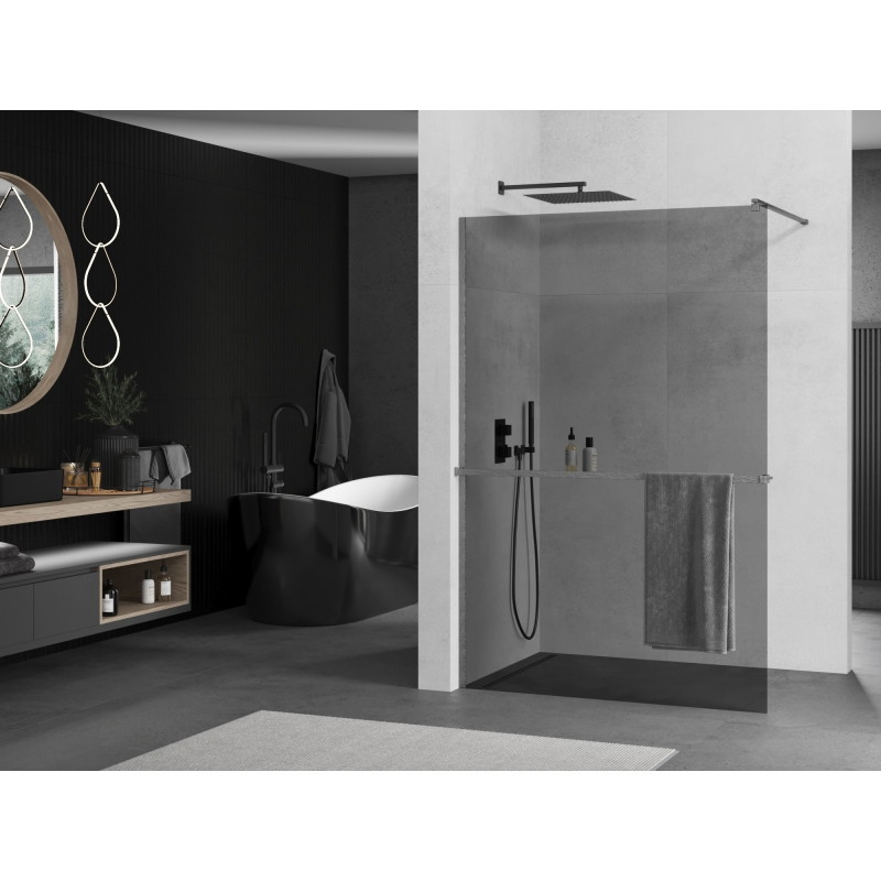 Mexen Kioto+ Duschwand mit Ablage Walk-in 110 x 200 cm, grafit, gebürstet gun gray - 800-110-121-66-40