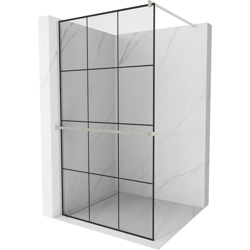 Mexen Kioto+ Duschwand mit Ablage Walk-in 110 x 200 cm, schwarzes Raster, gebürsteter Nickel - 800-110-121-97-77