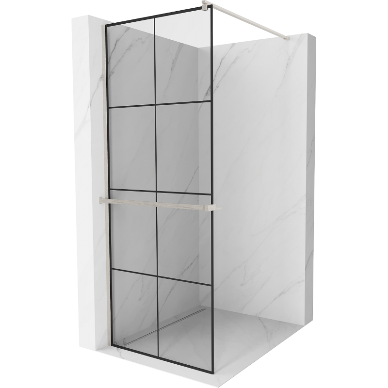 Mexen Kioto+ Duschwand mit Ablage Walk-in 90 x 200 cm, schwarzes Gitter, gebürstetes Nickel - 800-090-121-97-77