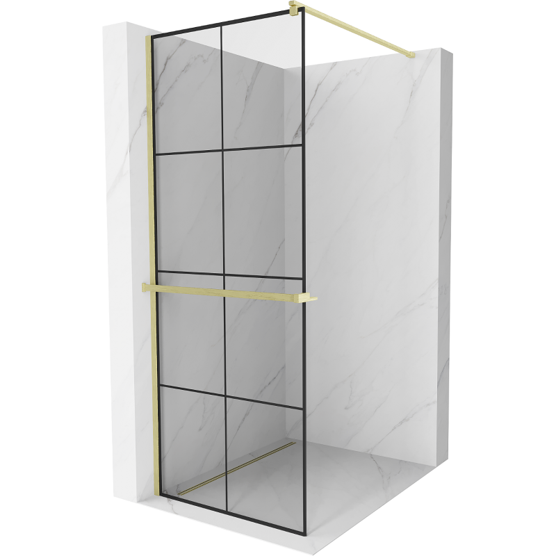 Mexen Kioto+ Duschwand mit Ablage Walk-in 70 x 200 cm, schwarzes Gitter, gebürstetes Gold - 800-070-121-55-77