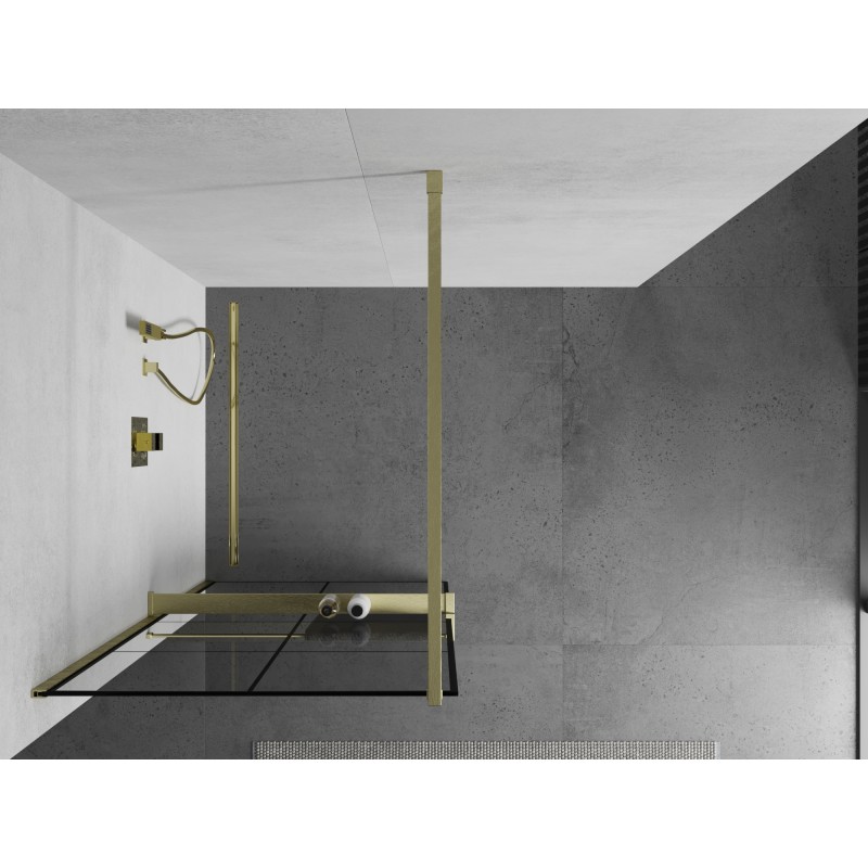 Mexen Kioto+ Duschwand mit Regal Walk-in 90 x 200 cm, schwarzes Gitter, gebürstetes Gold - 800-090-121-55-77