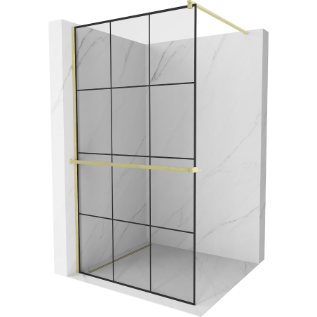 Mexen Kioto+ Duschwand mit Regal Walk-in 110 x 200 cm, schwarzes Gitter, gebürstetes Gold - 800-110-121-55-77