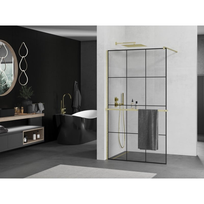 Mexen Kioto+ Duschwand mit Regal Walk-in 110 x 200 cm, schwarzes Gitter, gebürstetes Gold - 800-110-121-55-77