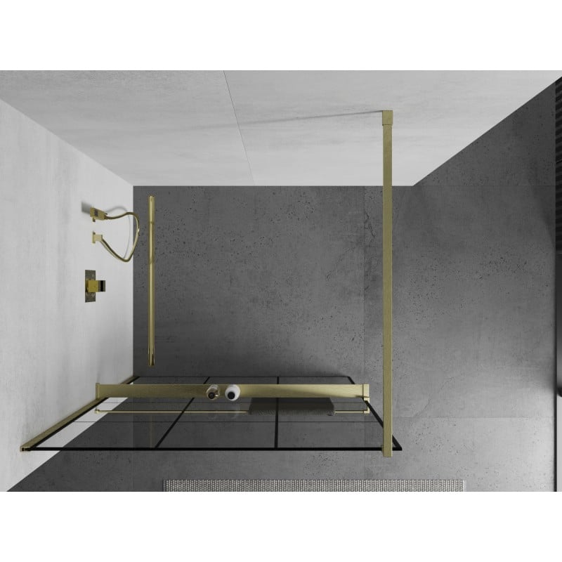 Mexen Kioto+ Duschwand mit Regal Walk-in 120 x 200 cm, schwarzes Gitter, gebürstetes Gold - 800-120-121-55-77