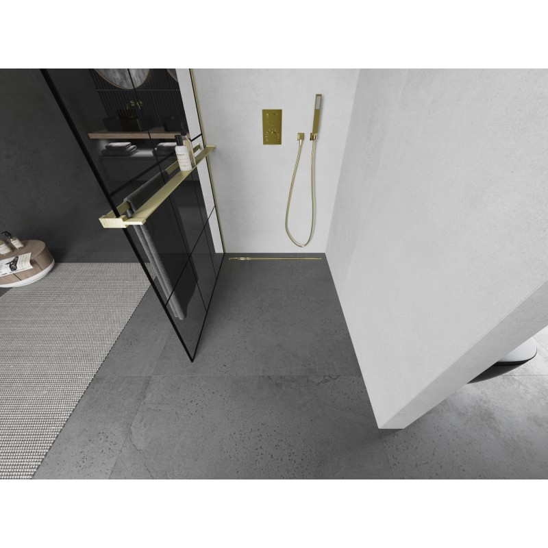Mexen Kioto+ Duschwand mit Regal Walk-in 120 x 200 cm, schwarzes Gitter, gebürstetes Gold - 800-120-121-55-77