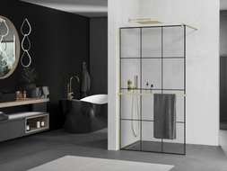 Mexen Kioto+ Duschwand mit Regal Walk-in 120 x 200 cm, schwarzes Gitter, gebürstetes Gold - 800-120-121-55-77