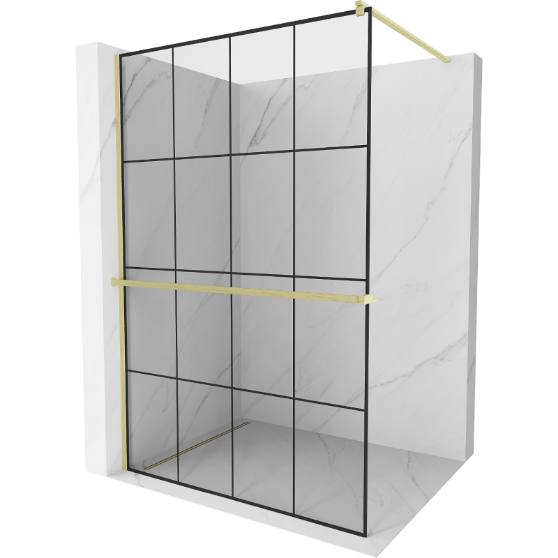 Mexen Kioto+ Duschwand mit Regal Walk-in 140 x 200 cm, schwarzes Gitter, gebürstetes Gold - 800-140-121-55-77