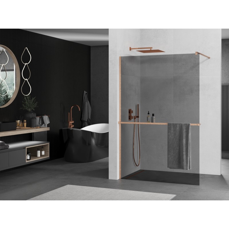 Mexen Kioto+ Duschwand mit Ablage Walk-in 70 x 200 cm, Graphit, gebürstetes Kupfer - 800-070-121-65-40