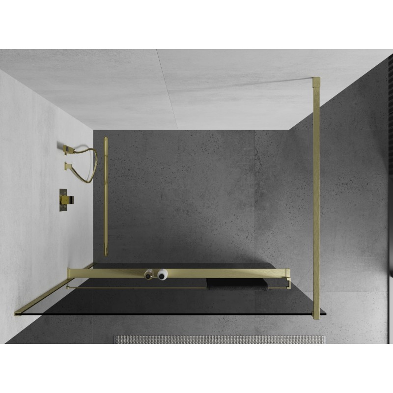 Mexen Kioto+ Duschwand mit Regal Walk-in 140 x 200 cm, Grafit, Gebürstetes Gold - 800-140-121-55-40
