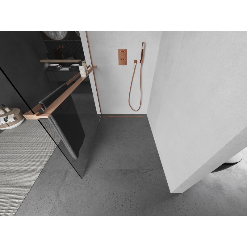 Mexen Kioto+ L Duschwand mit Regal Walk-in 85 x 200 cm, transparent, gebürstetes Kupfer - 800-085-123-65-00