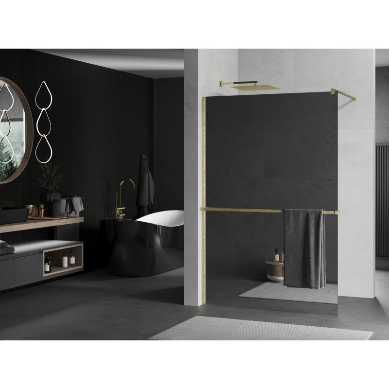 Mexen Kioto+ Duschwand mit Ablage Walk-in 140 x 200 cm, Spiegel, gebürstetes Gold - 800-140-121-55-50