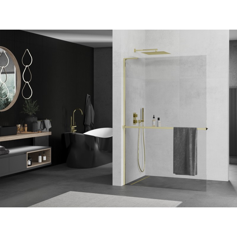 Mexen Kioto+ L Duschwand mit Regal Walk-in 90 x 200 cm, transparent, gold - 800-090-123-50-00