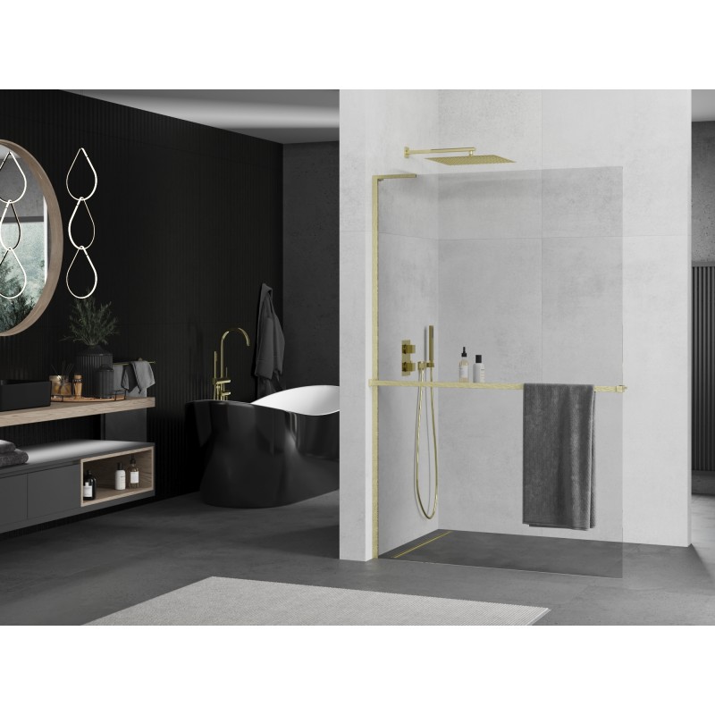 Mexen Kioto+ L Duschwand mit Ablage Walk-in 115 x 200 cm, transparent, gold gebürstet - 800-115-123-55-00