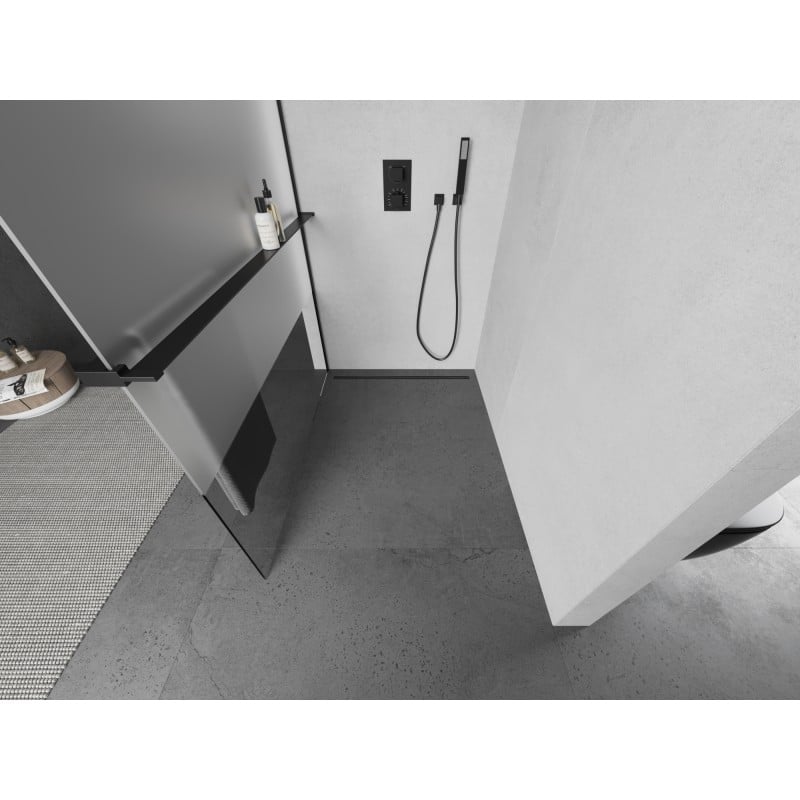 Mexen Kioto+ L Duschwand mit Regal Walk-in 90 x 200 cm, transparent/gefrostet, schwarz - 800-090-123-70-35