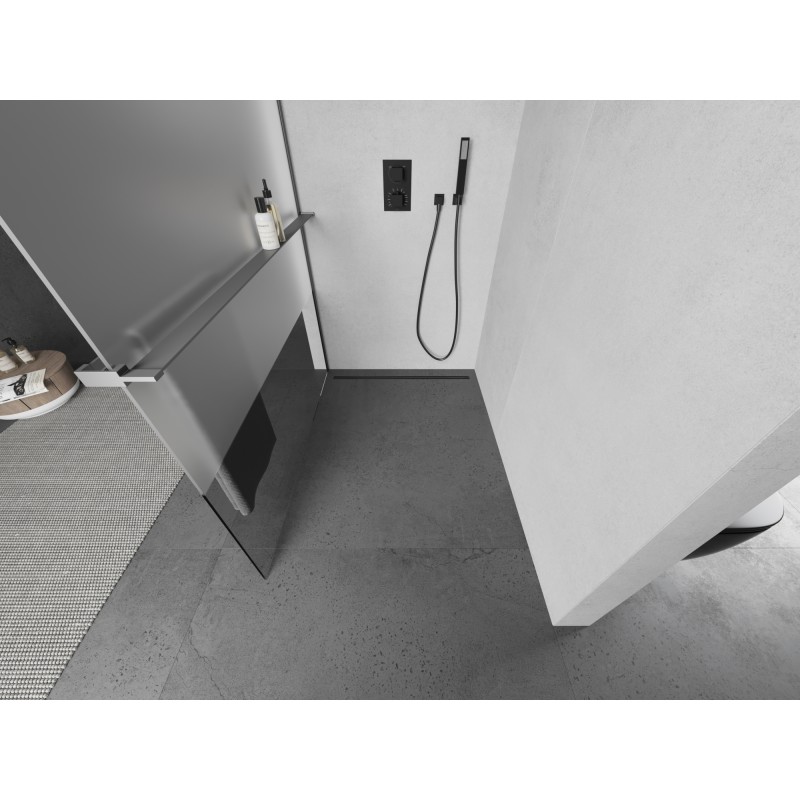 Mexen Kioto+ L Duschwand mit Regal Walk-in 100 x 200 cm, transparent/satiniert, Gun Metal - 800-100-123-95-35