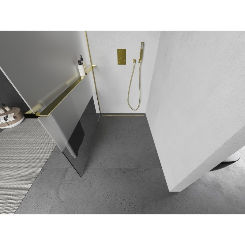 Mexen Kioto+ L Duschwand mit Ablage Walk-in 100 x 200 cm, transparent/eisenglas, gold - 800-100-123-50-35
