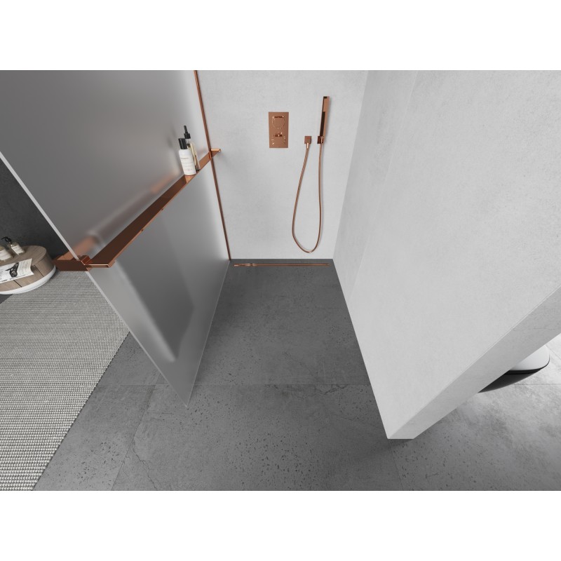 Mexen Kioto+ L Duschwand mit Regal Walk-in 100 x 200 cm, Milchglas, Roségold - 800-100-123-60-30