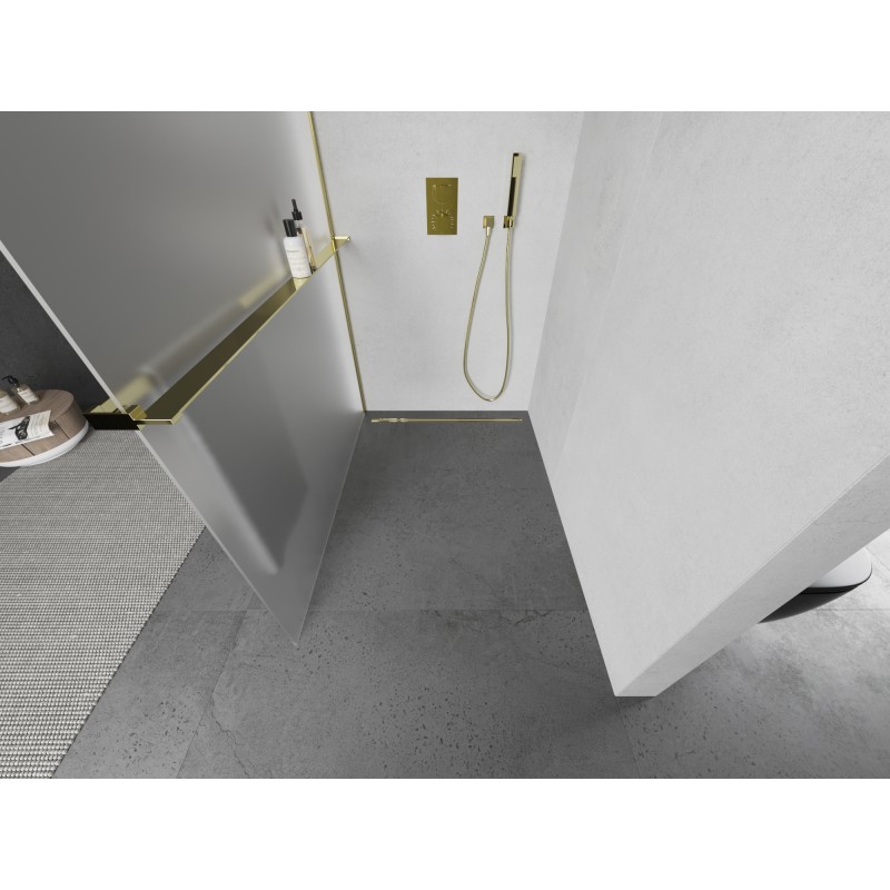 Mexen Kioto+ L Duschwand mit Regal Walk-in 100 x 200 cm, matt, gold - 800-100-123-50-30